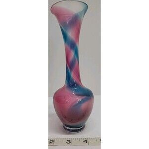 Lefton Art Glass Hand Blown Blue & Red Swirl Bud Vase 8"